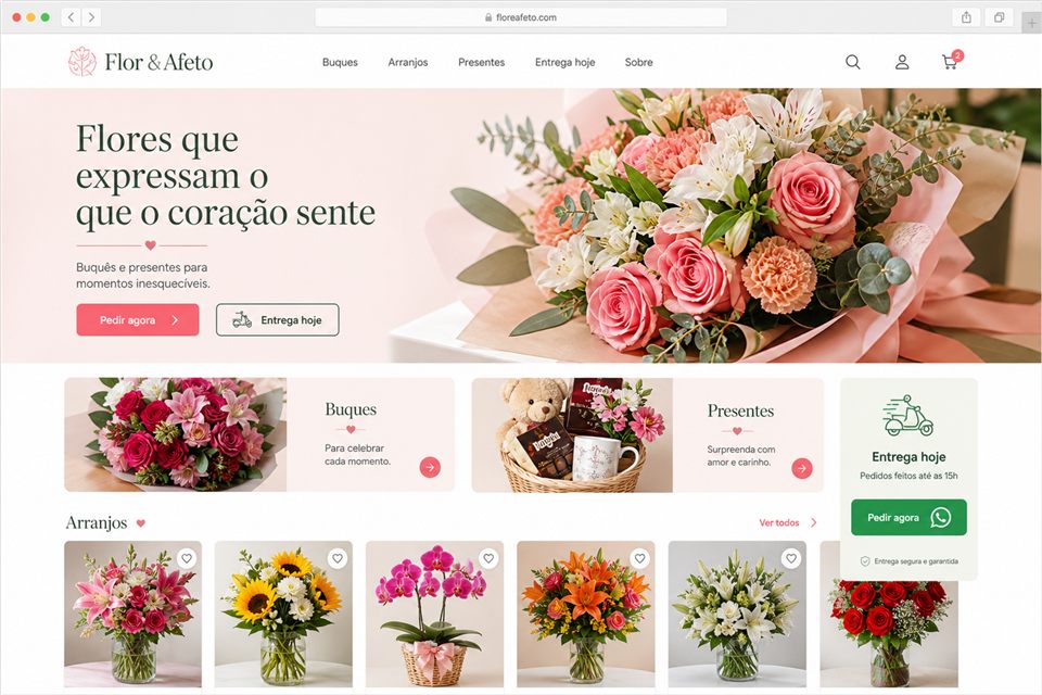 Tela fictícia de site para floricultura