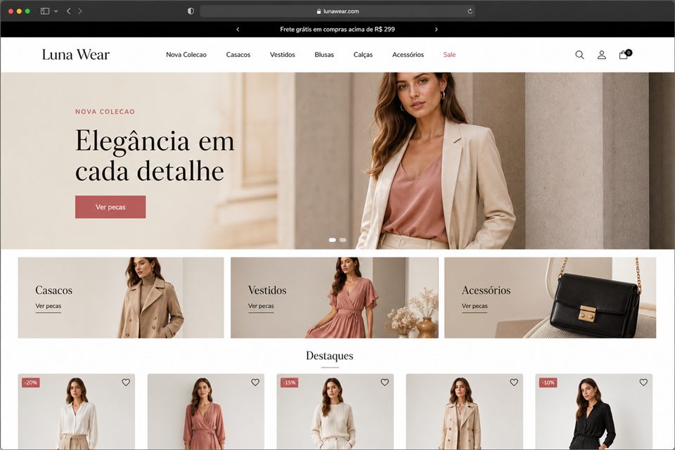 Tela fictícia de site para loja de roupa